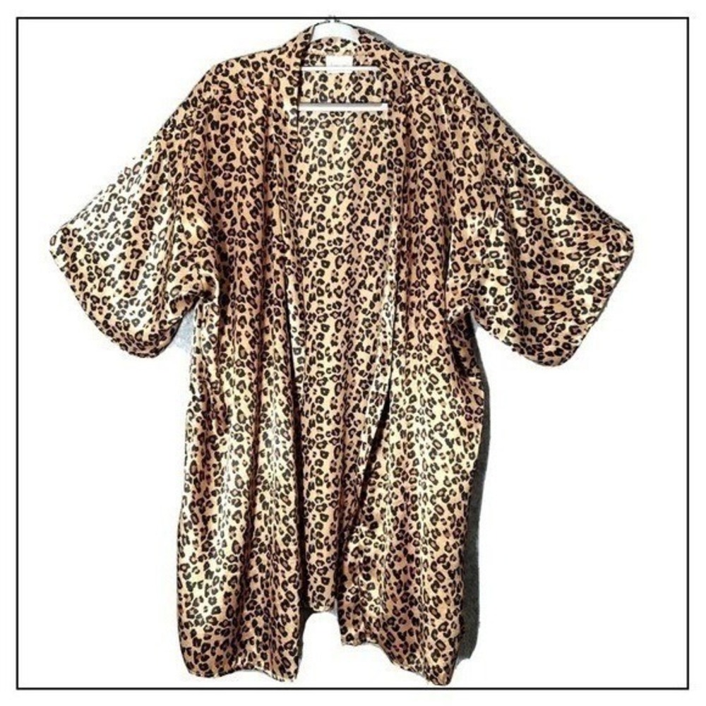 Vintage Intimate Moods Robe Women L Brown Leopard Satin‎ Kimono Lounge Sleepwear